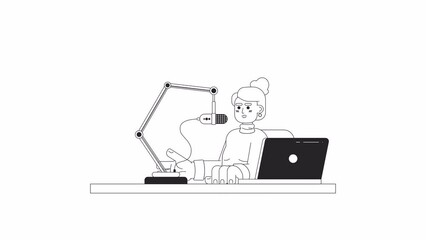 Poster - Caucasian woman talking microphone stand laptop bw 2D character animation. Radio show host adult female outline cartoon 4K video, alpha channel. Influencer animated person isolated on white background
