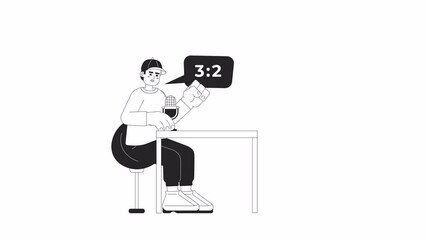Poster - Sports podcaster man talking about soccer goals bw 2D character animation. Arab guy speaking into mic outline cartoon 4K video, alpha channel. Commenting animated person isolated on white background