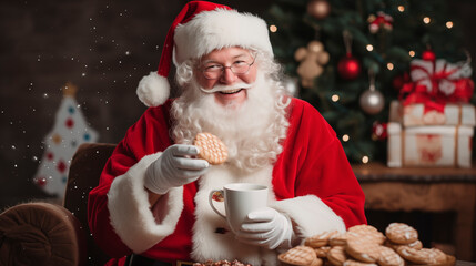 Wall Mural - 
Santa Claus eats Christmas cookies and milk.