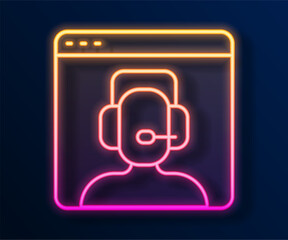 Sticker - Glowing neon line Telephone 24 hours support icon isolated on black background. All-day customer support call-center. Full time call services. Vector