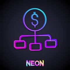 Sticker - Glowing neon line Dollar on top of financial hierarchy icon isolated on black background. Vector