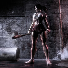 3D Rendering Of A Dangerous Female Killer Character With Revealing Outfit And A Baseball Bat In A Dark Corner Of A Street