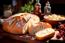 Fresh White Bread, A Loaf Of Homemade Baked Goods Lies On The Kitchen Table.