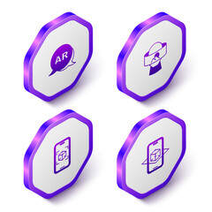 Canvas Print - Set Isometric Augmented reality AR, Virtual glasses, 3d modeling and icon. Purple hexagon button. Vector