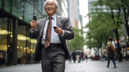 asian businees man stand with phone and coffee in the business district at the street