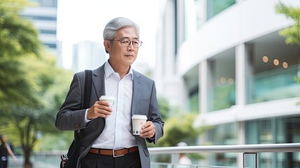 asian businees man stand with phone and coffee in the business district at the street