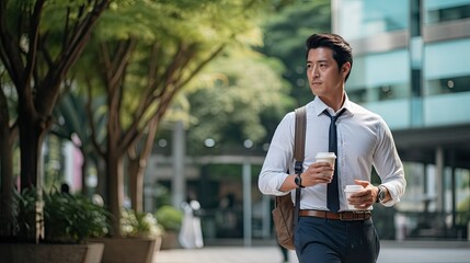 Wall Mural - asian businees man stand with phone and coffee in the business district at the street