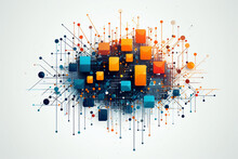 Exploding Cube Data Network In Blue And Orange On White Background