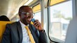 © kittikunfoto - Office handsome man of African descent Or executives are talikng with phone in Public transportation on the way to work to meet with clients