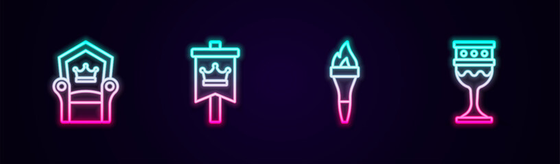 Wall Mural - Set line Medieval throne, flag, Torch flame and goblet. Glowing neon icon. Vector