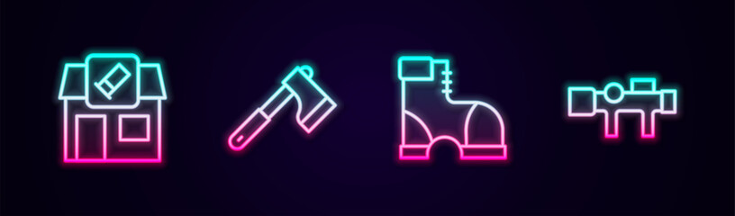 Canvas Print - Set line Hunting shop, Wooden axe, Hunter boots and Sniper optical sight. Glowing neon icon. Vector