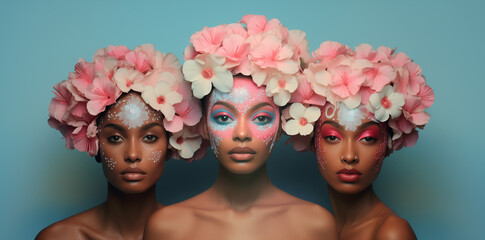 Wall Mural - A group of girls with pastel makeup and floral head fascinators. Minimalistic pastel concept