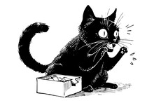 Cute Playful Black Cat Hand Drawn Ink Sketch. Engraved Style Vector Illustration