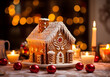 A gingerbread house adorned with candles and festive decorations, creating a cozy and inviting atmosphere for Christmas dinner.