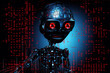 Image 1: Robot head with glowing red eyes on digital background