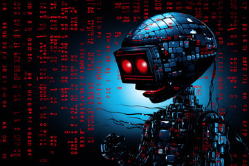 Poster - Cybernetic head with red eyes against matrix background