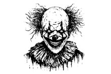 Creepy Clown Head Hand Drawn Ink Sketch. Engraved Style Vector Illustration