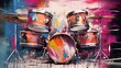 Generative AI, Jazz music street art with drums musical instrument silhouette. Ink colorful graffiti art on a textured wall, canvas background...