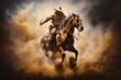 Rodeo cowboy ring a horse and kicking up dust