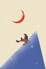 Canvas Print - Vertical collage picture of overjoyed girl ride sledge down hill rejoice moonlight snowfall isolated on drawing background