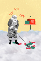 Sticker - Vertical collage of black white effect funny grandfather santa hold mop clean christmas mail letters snowy weather isolated on creative background