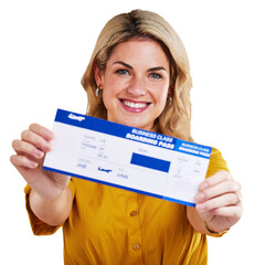 Canvas Print - Isolated woman, plane ticket and portrait with smile for travel, flight and vacation by transparent png background. Entrepreneur, happy and document for compliance, transportation and immigration