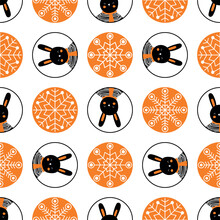 Black Rabbit And Orange Snowflakes. Winter Pattern For Holidays Fabric, Home Decor, Pajamas, Kids Apparel