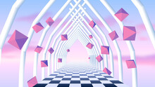 Vaporwave Corridor Of Pillars With Flying 3D Donut Shapes And Sun In 90s Style. Abstract Surreal Retro Background For Party Poster Or Music Cover.