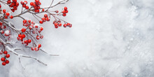 Branches With Red Berries Covered With Frost On A Snow-covered Marble Board. Ai Generative