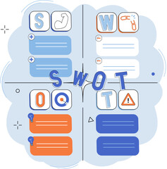 SWOT analysis. Vector illustration. Models provide framework for understanding complex processes Layouts determine visual arrangement elements in design Elements are building blocks design Management