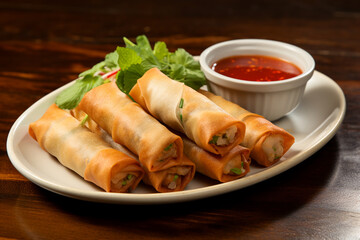 Wall Mural - Thai Spring Rolls Plate with Dipping Sauce. ai generative