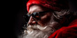 Portrait of cheerful elder Saint Nicholas in red sunglasses and tradition costume posing in studio, looking away. New Year and Christmas concept