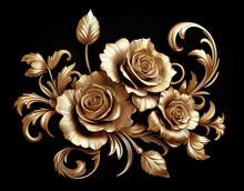 Gold Roses Flowers Isolated On Black, Abstract Floral Background With Metal Golden Flowers Ornaments.