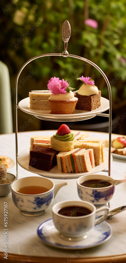 Afternoon tea in the restaurant garden, English tradition and luxury ...