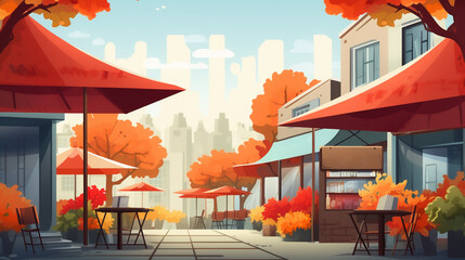 Sticker - Illustration of an autumn scene, including coffee, shops, falling leaves, warm colors, and community event themes. Space for custom text and marketing. Vector style. 