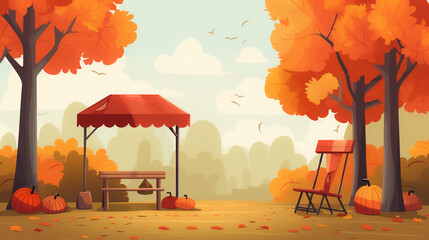 Sticker - Illustration of an autumn scene, including coffee, shops, falling leaves, warm colors, and community event themes. Space for custom text and marketing. Vector style. 