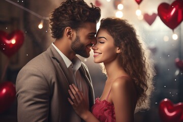 Wall Mural - Young curly-haired man and woman nose to nose, with heart balloons in background, intimate celebration and love.