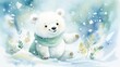 © Postproduction - Cheerful animated polar bear character in snow, watercolor illustration for children's winter-themed storybook. Children's illustration and winter charm.
