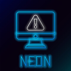 Sticker - Glowing neon line Computer monitor with exclamation mark icon isolated on black background. Alert message smartphone notification. Colorful outline concept. Vector