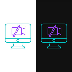 Poster - Line Video camera Off on computer icon isolated on white and black background. No video. Colorful outline concept. Vector