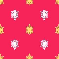 Wall Mural - Yellow Turtle icon isolated seamless pattern on red background. Vector