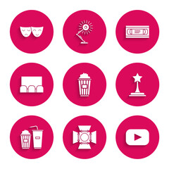 Sticker - Set Popcorn in cardboard box, Movie spotlight, Play, trophy, and soda drink glass, , VHS video cassette tape and Comedy tragedy theatrical masks icon. Vector