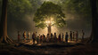 diverse family members as they stand in a circle around the newly planted tree in the forest. reverence and hope