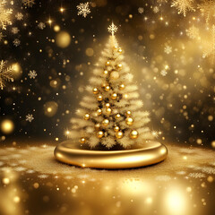 Wall Mural - Gold sparkling christmas background with big and luxurious Christmas tree and snowflakes