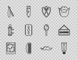 Sticker - Set line Glass of whiskey and ice cubes, Cream or lotion cosmetic tube, Scissors hairdresser shield, Hairbrush, Straight razor, Blade, Mustache and Barbershop icon. Vector