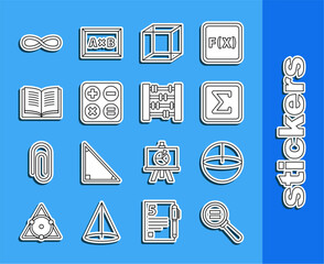 Poster - Set line Paper clip, Calculator, Geometric figure Square, Function mathematical symbol, root, Equation solution, and Graph, schedule, chart, diagram icon. Vector