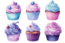 Watercolor Set Of Bright Tasty Purple Cupcakes With Cream And Berries On White Background