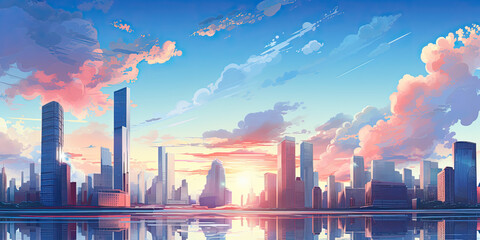 Cityscape city skyline skyscrapers horizon cooperate business illustration office buildings, generated ai