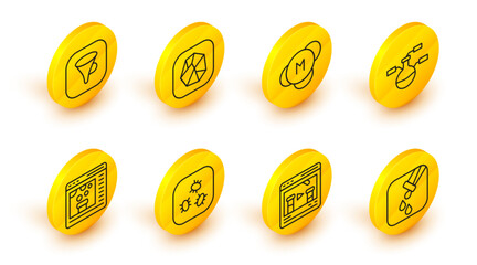 Poster - Set line Test tube and flask, Chemical online, Bacteria, Molecule, Salt stone and Funnel or filter icon. Vector