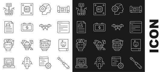 Poster - Set line Screwdriver, User manual, Computer api interface, Humanoid robot, Battery, Technical specification, Robot and Drone icon. Vector